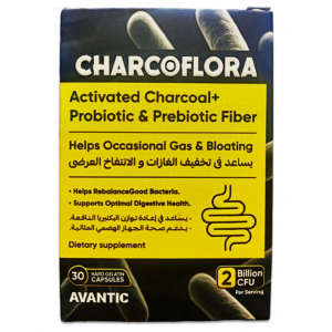 CHARCOFLORA 2 BILLION CFU ACTIVATED CHARCOAL + PROBIOTIC + PREBIOTIC FIBER DIETARY SUPPLEMENT 30 HARD GELATIN CAPSULES